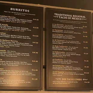 a menu for burritos