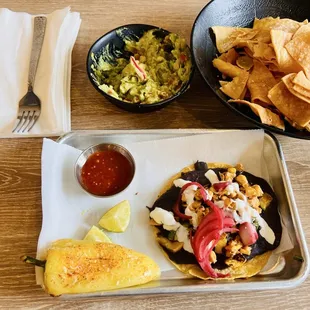 Chips/guac calabacitas taco with a DELICIOUS grilled pepper and salsa.