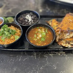 Birria tacos and chips and salsa flight