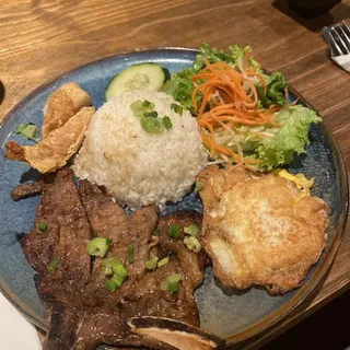 ( Grilled Pork Chop , Fried Egg, Beef Imperial Roll Over Rice) Com Suon Trung Cha Gio Bo