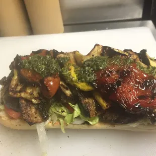 Our grill vegetable sandwich server on a pub roll with our own cilantro jalapeño chimichurri:)