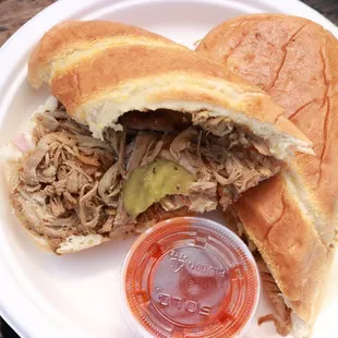 The internals of sandwich cubano. Gotta request for hot sauce to get it