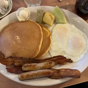 Pancake breakfast with crispy bacon