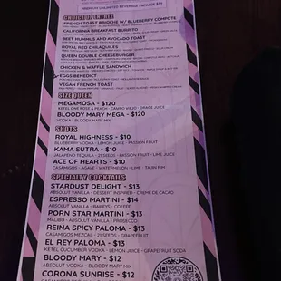 a menu for the queen's brunch