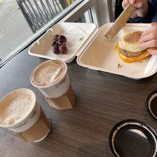 SF Caramel Latte, Orange Chocolate Mocha, Sausage sandwich