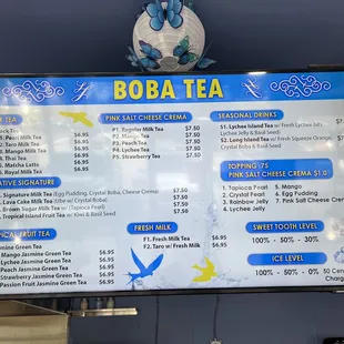 Boba Tea menu as of 4/27/2022