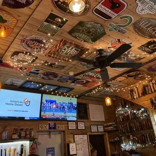 the ceiling of a bar