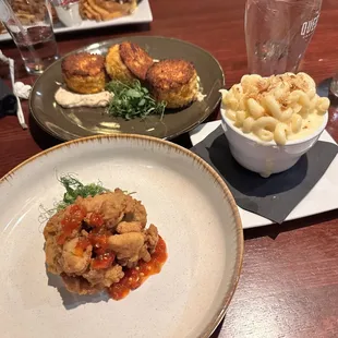 Fried Oysters Crabcakes Mac and Cheese