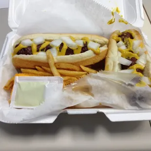 Two hot dogs and fries!