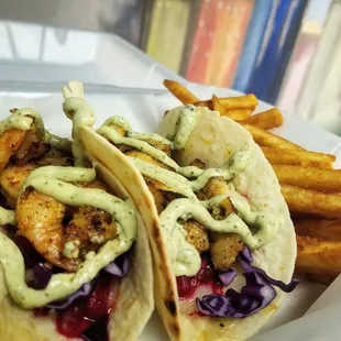 The fish tacos are Amazing!!! They have grilled chicken, shrimp and fish tacos.