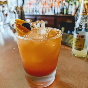 MORNIN&apos; BLINK - Compass Box Glasgow Scotch, Bache-Gabrielsen, Tre Kors Cognac, acidified OJ, Suze Gentiane, Campari, apricot