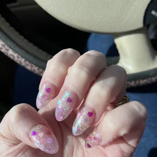 Nail bed looks larger than my actual but still natural. The glitter is perfectly random and the colors are so cute