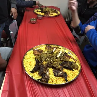 a long table with food on it