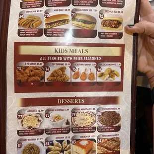 Sandwich and dessert menu