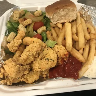 The fried shrimp was very good. The fries could have used some salt and been hotter. Croutons were off the chain.