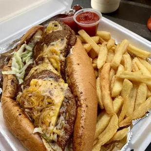 Hot sausage poboy with fries! Yumy