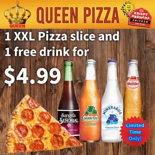 a slice of pizza and two bottles of soda