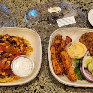 Taco Stuffed Spaghetti Squash and BBQ Black Bean Burger with Sweet Potato Fries
