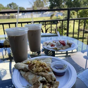 AM crepe, Strawberry shortcake crepe, and iced lattes