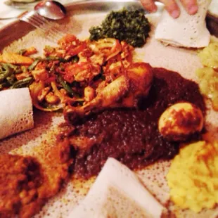 The chicken combo which includes doro tibs, doro wat and the veggie plate. Heavenly!