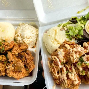 So much food! Furikake chicken on left and fire cracker chicken on right