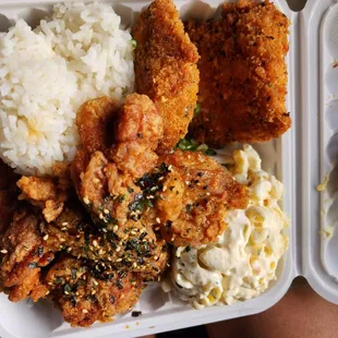 Salmon katsu + furikake garlic chicken with white rice and mac salad