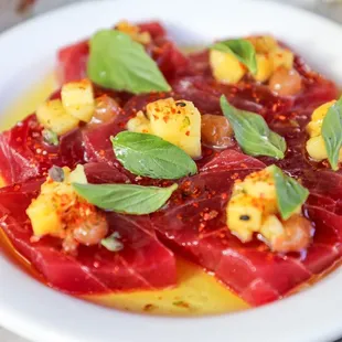 Bluefin Tuna Crudo, pickled plum, California mango   Instagram.com/maryelda