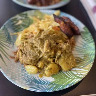 Curry Chicken with cabbage and sweet plantains