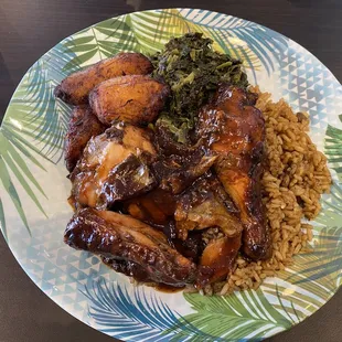 Barbecue Jerk Chicken with Rice and Peas, Caribbean Style Spinach and Fried Plantains!