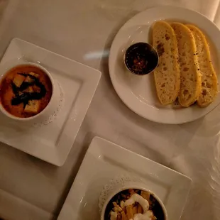 Tomato Basil Soup with a Balsamic Reduction and Texas Red Chilli and side of bread with chilli garlic oil