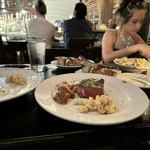 Ny Strip, Truffle Mac &amp; Cheese, carrots with whipped goat cheese.