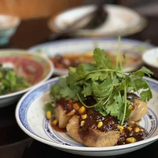 Sweet and Sour Striped Bass. -Sauce and Cilantro really make this dish
