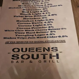 Menu, beers