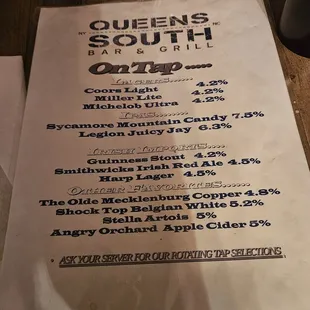 Menu, beers