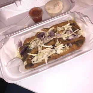 Fish boat with no bun.