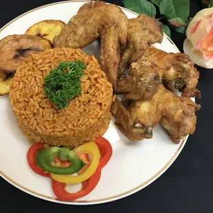 Jollof rice & Fried chicken wings
