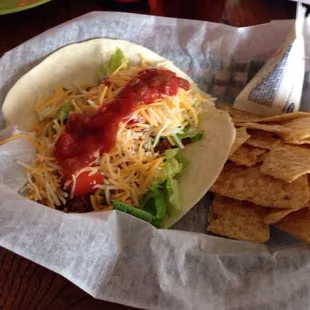 Soft beef taco came with chips.