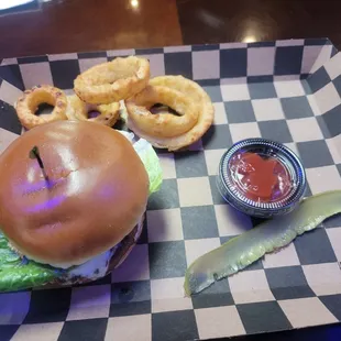 Impossible Burger and Onion Rings