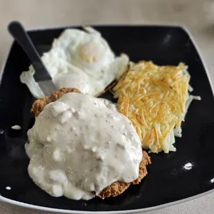 Country Fried Steak w/ Hash Brown and Eggs Over Easy