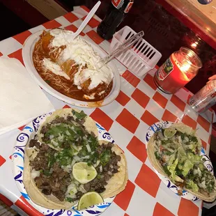 Burrito, steak tacos, fish tacos