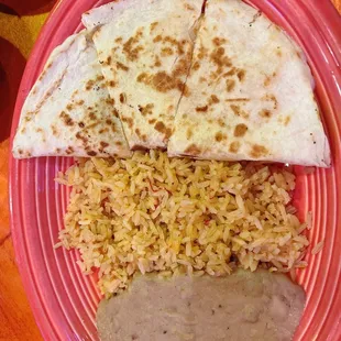 Kids cheese quesadilla with rice and beans