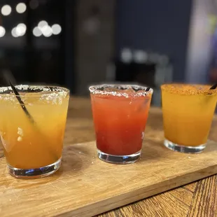 Flight margaritas (Mango/Strawberry/Peach).