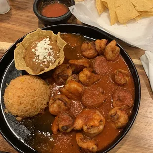 Diablo Shrimp with Mexican Rice and Refried Beans