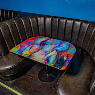 a row of seats in a diner