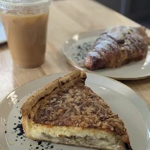 Duck &amp; Mushroom quiche, almond croissant, and cold brew