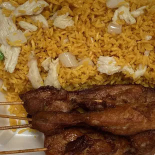 Chicken sticks with chicken fried rice