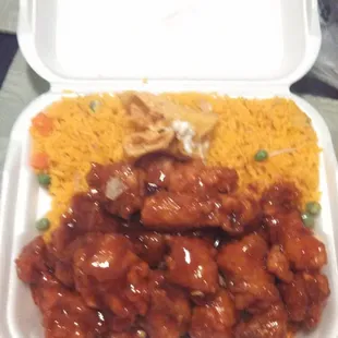 General tsao chicken, vegetable fried rice and crab wonton