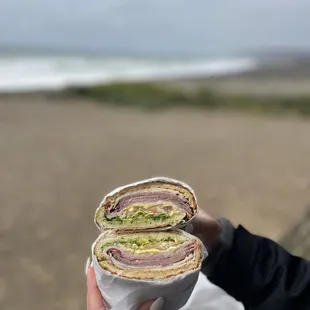 a person holding a sandwich