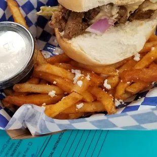 Steak Shawarma Sandwich with Garlic Fries