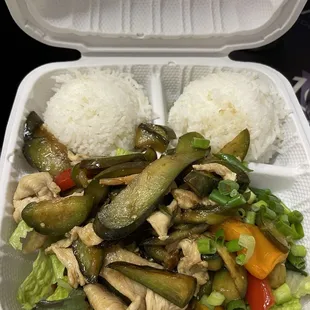 Eggplant and Eggplant Chicken with Rice